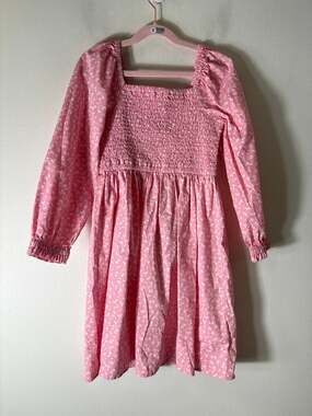 Girls Crew Cuts Pink Floral SMocked Long Sleeve Dress Sz 8